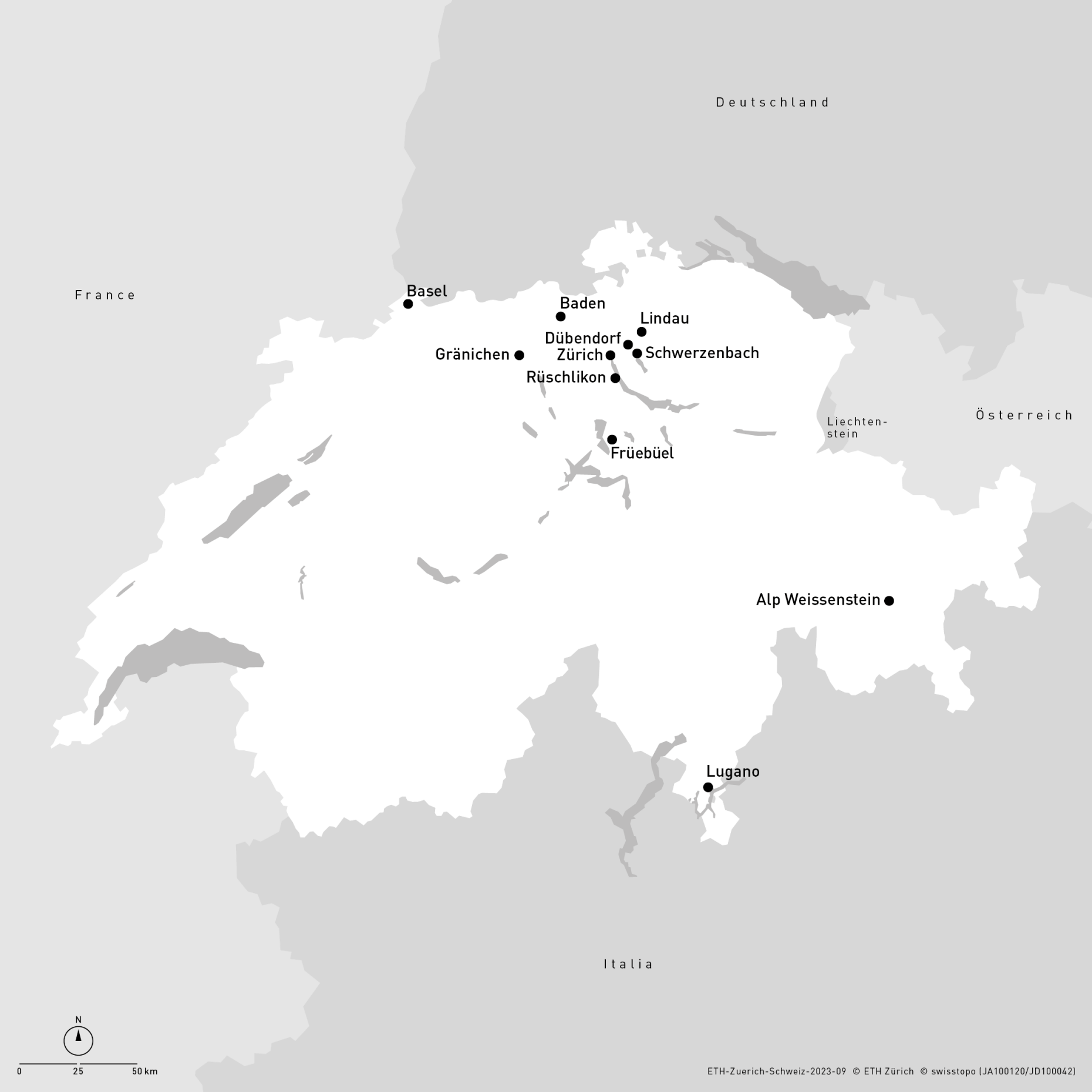 Vergr?sserte Ansicht: Karte mit ETH-Standorten in der Schweiz