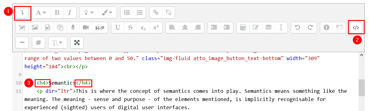 Screenshot der HTML-Ansicht im Moodle-Editor
