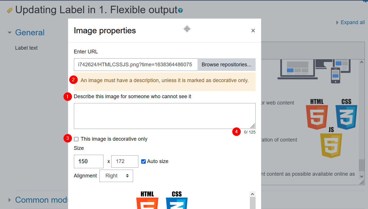 Screenshot Bild-Eigenschaften Overlay des Moodle Editors.