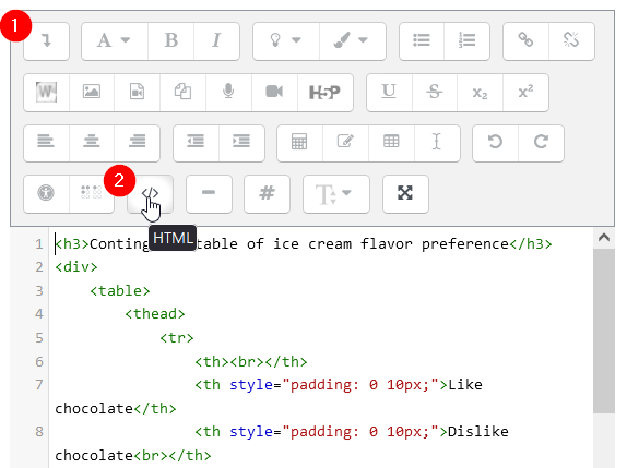 Screenshot Tabelle in HTML-Ansicht des Moodle-Editors