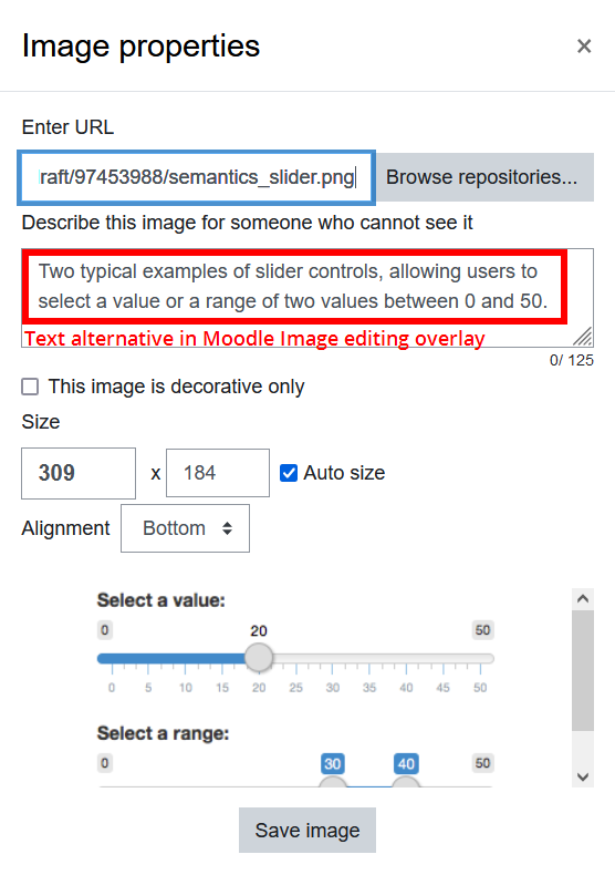 Screenshot Moodle Image Properites pop-up.