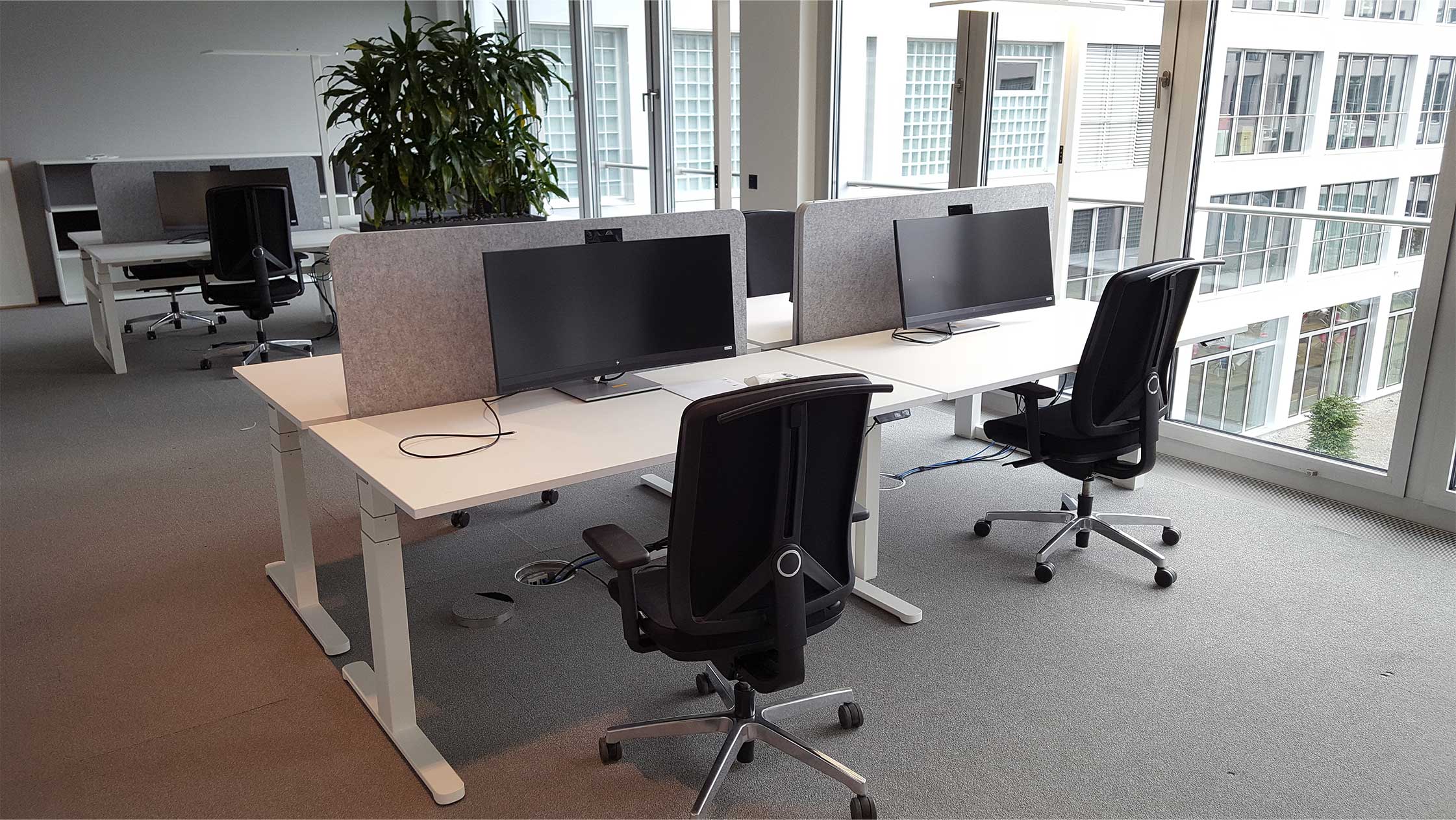 Shared-Desk-Arbeitsplätze im OCT, mit Curved-Monitoren und USB-Kabeln ausgestattet.