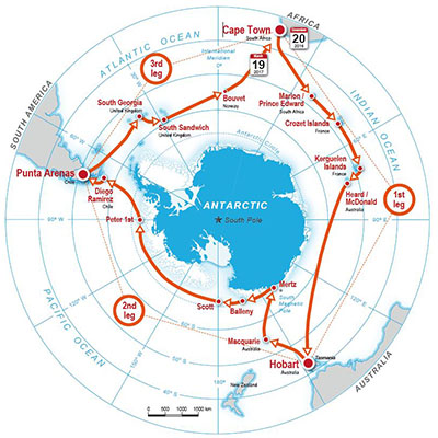Vergr?sserte Ansicht: In drei Etappen um den Südpol: Übersichtskarte der Expedition.