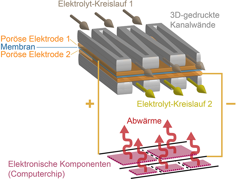 Vergr?sserte Ansicht: Die 3D-gedruckten Kanalwände sorgen dafür, dass die flüssigen Elektrolyten die porösen Elektroden durchdringen müssen und an ihnen elektrochemisch reagieren. (Grafik: Marschewski et al. Energy and Environmental Science 2017, abgeändert)