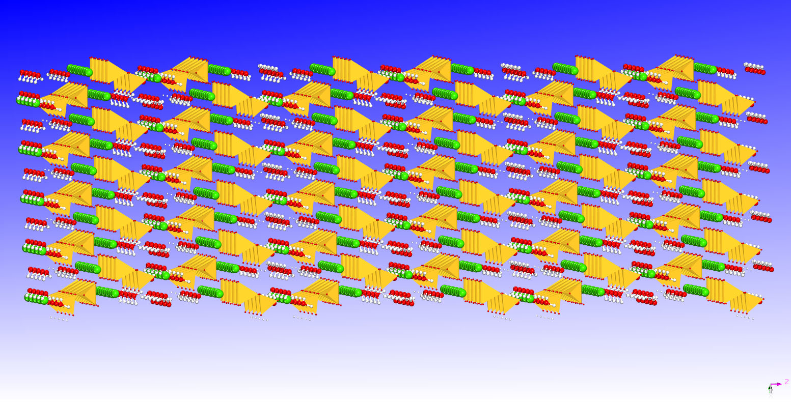 Vergr?sserte Ansicht: Eine Simulation von Zement, basierend auf einem Modell aus der cemff-Datenbank. Das Modell enthält Wasserstoff (weiss), Sauerstoff (rot), Silikat (gelb) und Kalzium (grün). (Bild: ETH Zürich)