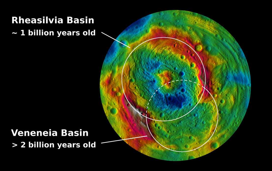 Vergr?sserte Ansicht: Die untersuchten Mesosideriten dürften aus einem der beiden Einschlagkrater am Südpol von Vesta stammen. (Grafik: JPL / NASA)
