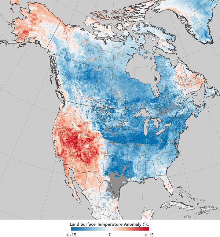 Vergr?sserte Ansicht: Temperaturen in Nordamerika vom 26.12.17-2.1.18: Extreme Kälte auf der einen Seite, extreme Wärme auf der anderen. (Quelle: Nasa Earth Observatory)