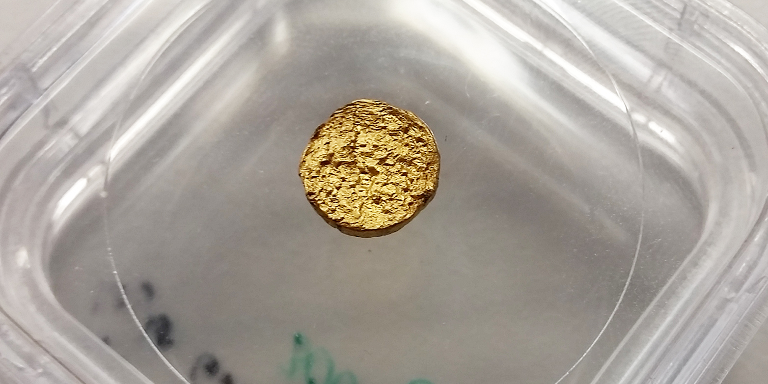 Sieht einem echten Nugget verblüffend ähnlich: 18-Karat-Gold, dessen Trägermaterial Latex ist. (Bild: ETH Zürich / Peter Rüegg)