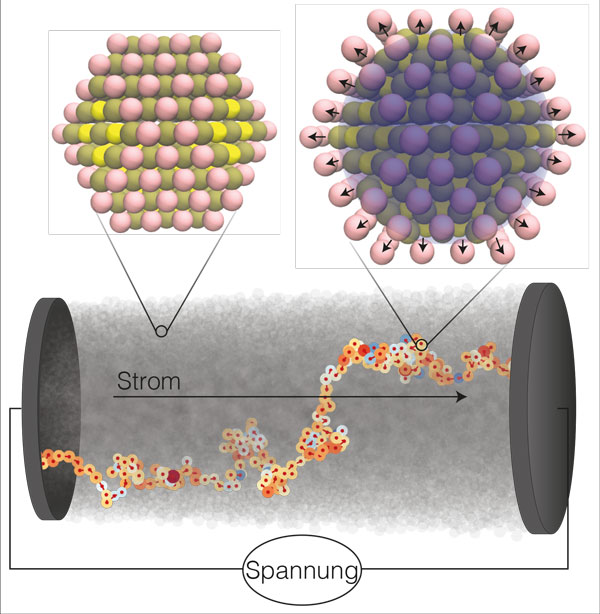 Vergr?sserte Ansicht: In einem Nanokristall-Halbleiter wird elektrischer Strom von Elektronen übertragen, die von Nanokristall zu Nanokristall springen. Bei jedem Sprung verformt die Ladung des Elektrons den Nanokristall (oben links) und bildet ein Polaron (oben rechts).