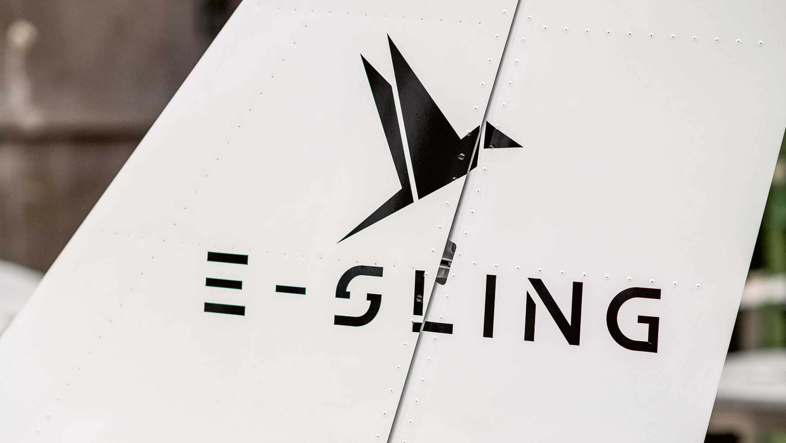 E-Sling Logo mit Papierkranich auf dem Heckflügel des Flugzeugs