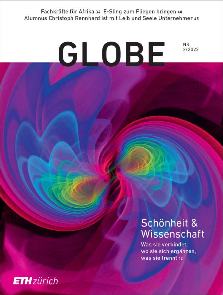 Globe 22/02 Titelblatt: bunte Simulation einer gemessenen Gravitationswelle