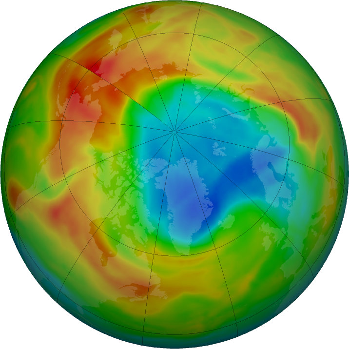 Erdkugel mit verschiedenen Farben, die die Dicke der Ozonschicht darstelen