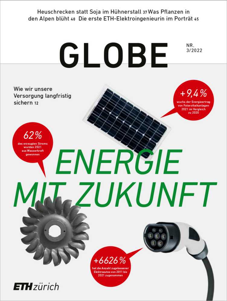 Globe 22/03 Titelblatt: Solarzelle, Wasserturbine und Ladestecker für Elektroautos