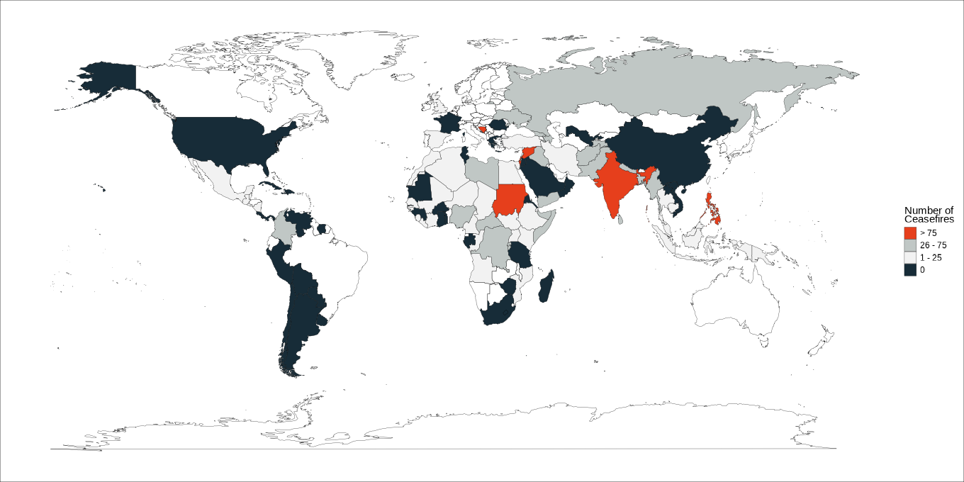 Vergr?sserte Ansicht: Abgebildet ist eine Weltkarte: Rot sind jene Länder, die mehr als 75 Waffenstillstände hatten, grau jene zwischen 26 und 75 Waffenstillstände , weiss haben zwischen 1 und 25 Waffenstillstände und schwarz keine.