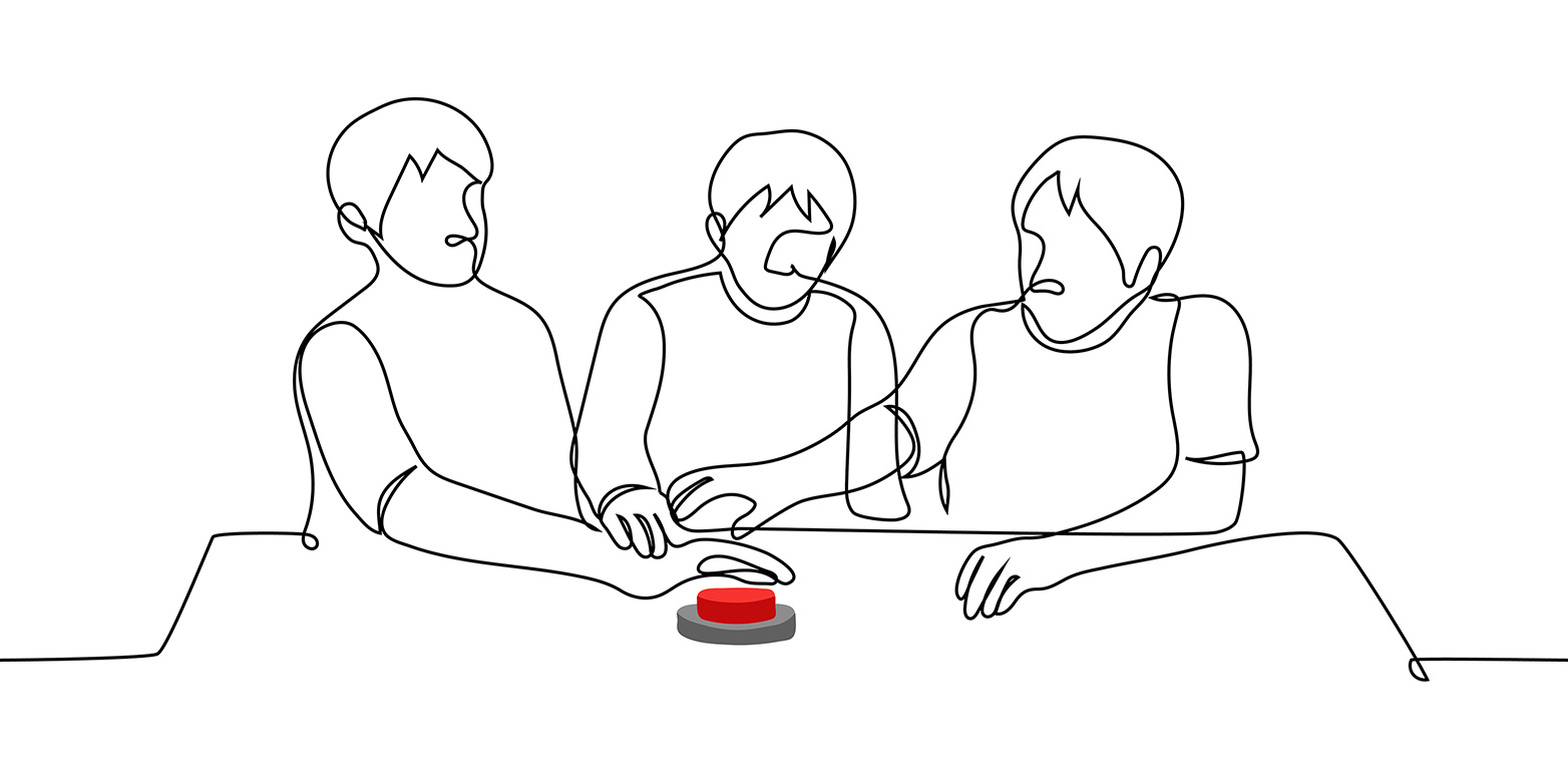 Illustration von drei Personen an einem Tisch mit rotem Knopf auf dem TIsch