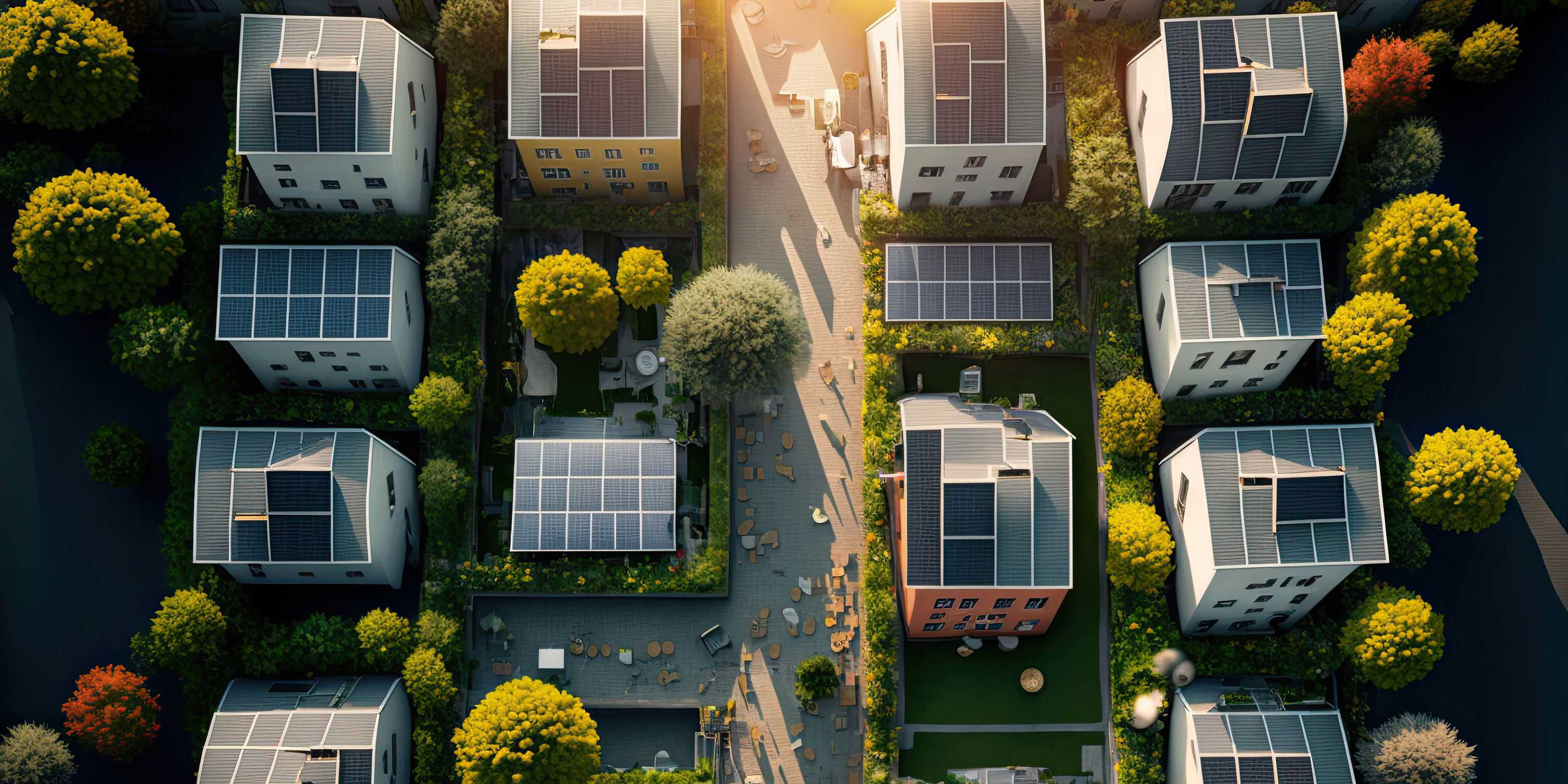 Häusersiedlung aus der Vogelperspektive, auf den Dächern der Häuser sind Solarpanels.