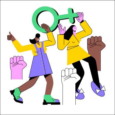 Illustration von zwei Frauen, welche euphorisch das Venussymbol in den Händen halten.