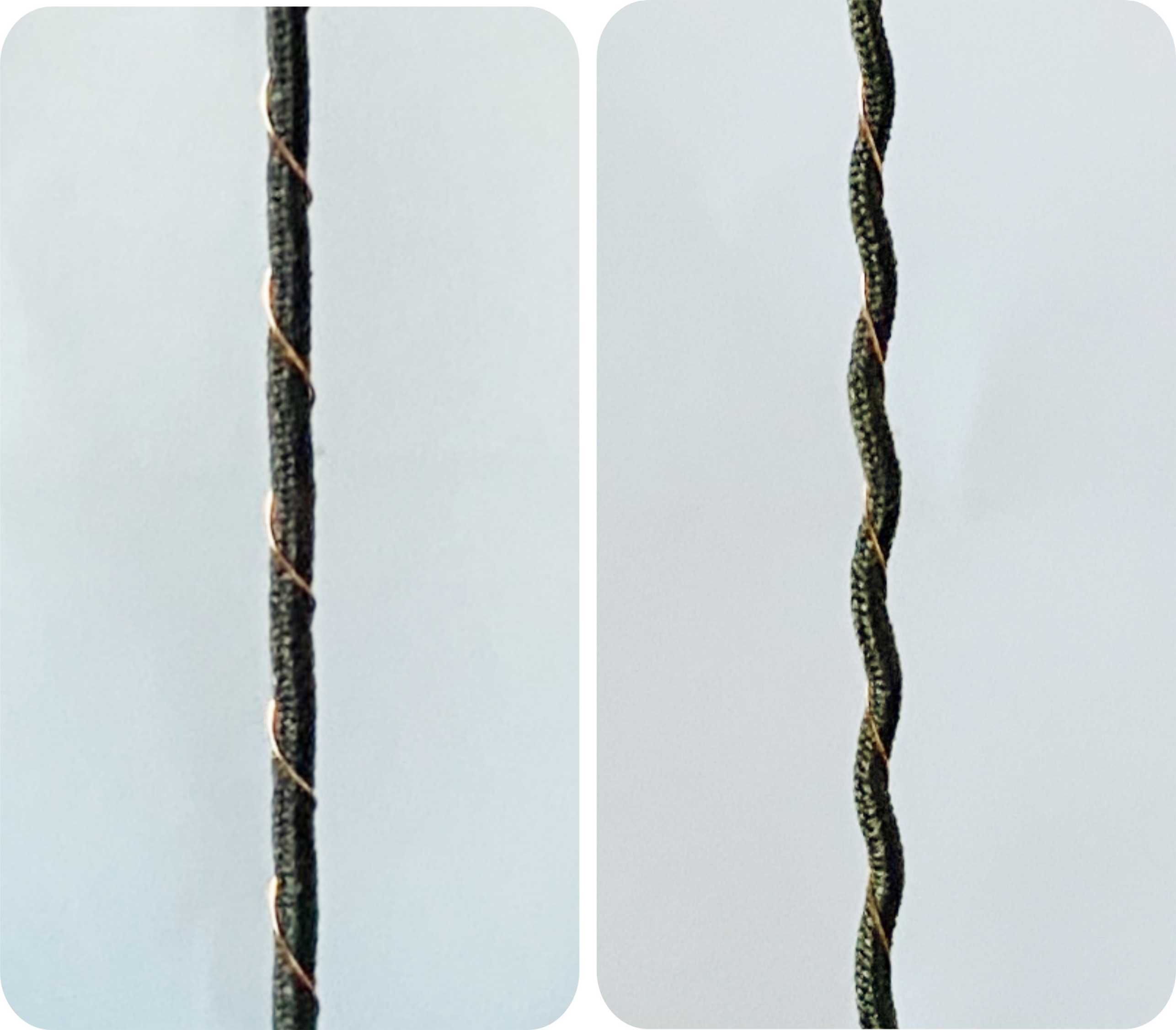 Vergr?sserte Ansicht: Links: das Garn mit leitendem Gummi statisch gerade, Rechts: das Garn mit leitendem Gummi unter Zug spiralförmig.