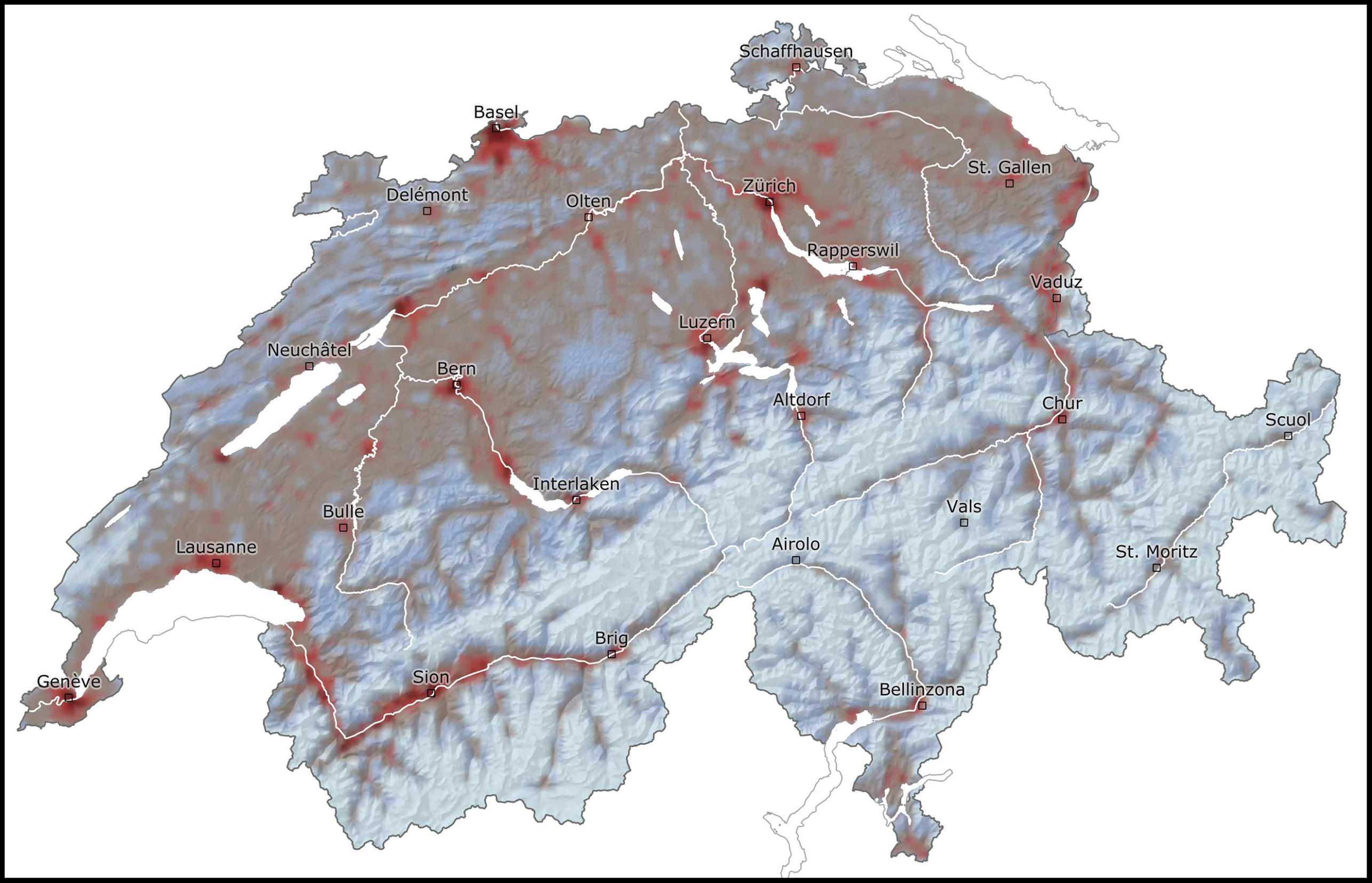 Vergr?sserte Ansicht: Grafik, Erdbebenrisikokarte der Schweiz. Gebiete mit hohem Risiko sind rot eingefärbt, Gebiete mit tiefen Risiko hellblau.