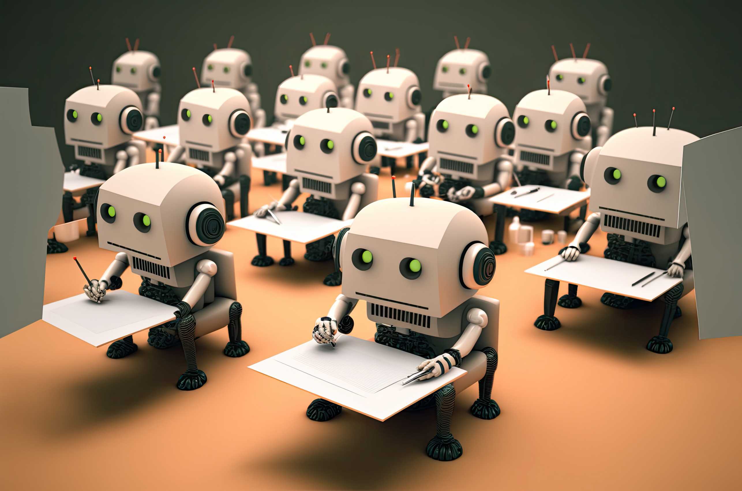 Illustration von Robotern, die auf der Schulbank Texte schreiben