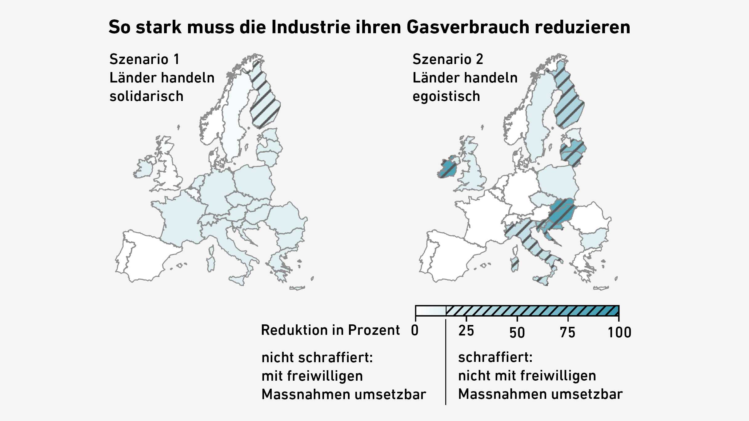 Vergr?sserte Ansicht: Grafik, Karte von Europa, wie stark welches Land den Gasverbrauch reduzieren muss.