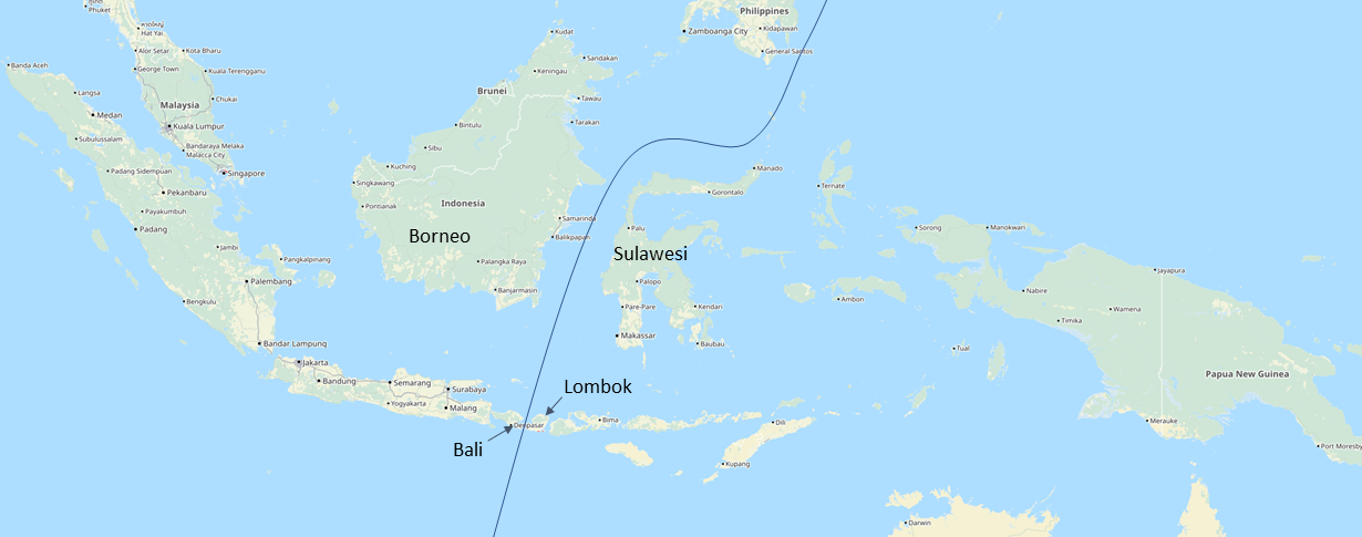 Vergr?sserte Ansicht: Landkarte auf der die Wallace-Linie erkennbar ist. Die Linien geht zwischen Borneo und Sulawesi durch.