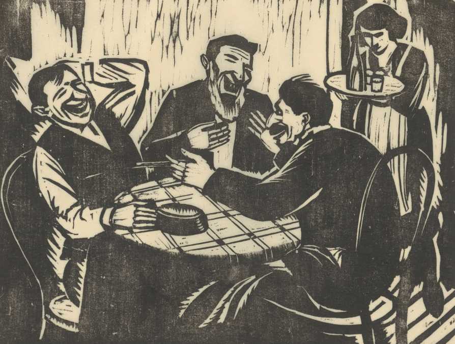 Vergr?sserte Ansicht: Der Holzschnitt zeigt eine Szene in einem Restaurant. Drei M?nner sitzen an einem Tisch, einer erz?hlt und die anderen lachen. Im Hintergrund bringt eine Frau mit gesenktem Kopf die Getr?nke.