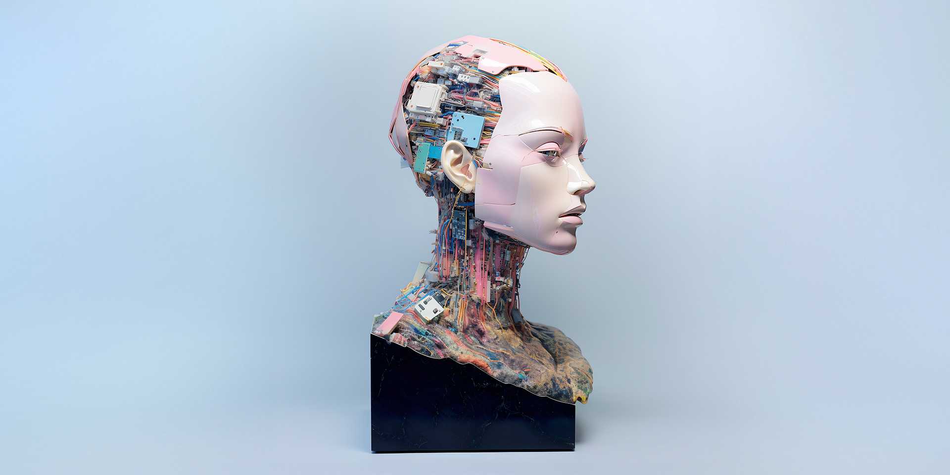 Skulptur eines Frauenkopfs, in welchem Computerchips zu sehen sind.