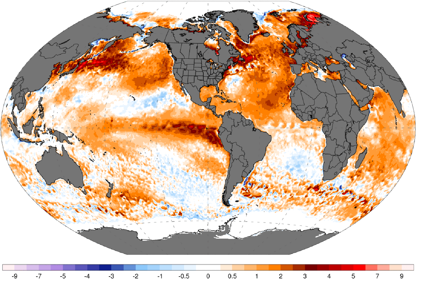 Vergr?sserte Ansicht: Weltkarte, die die unterschiedlichen Oberflächentemperaturen der Meere zeigt.