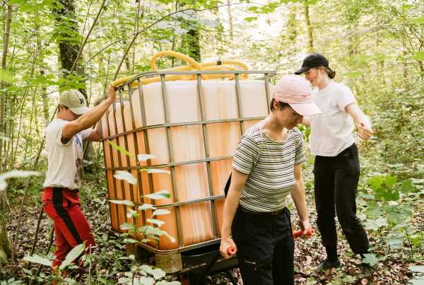 Die drei Studierenden bef?rdern einen Wassertank durch den Wald.