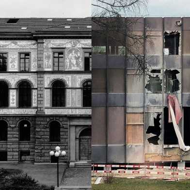 Vorher-Nachherbild eines Gebäudes im Verlauf der Zeit