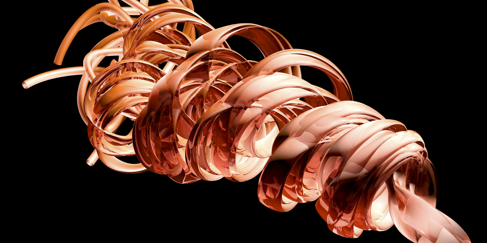 Künstlerische Darstellung der Amyloide als orange spiralförmige Stränge vor schwarzen Hintergrund