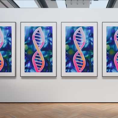 Vier idenentische Kunstwerke, die eine DNA-Hoppelhelix zeigen