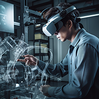 Person trägt VR Brille und arbeitet an virtuellen Maschine