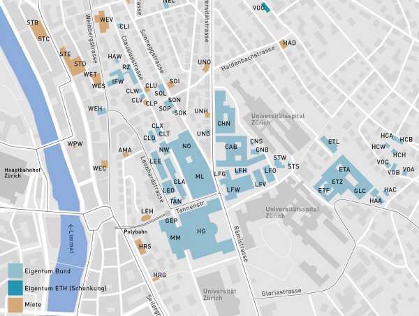 ETH Zurichs real estate in the city centre: Most of these are federal property. Others are rented. (Visualisation: ETH Zurich)