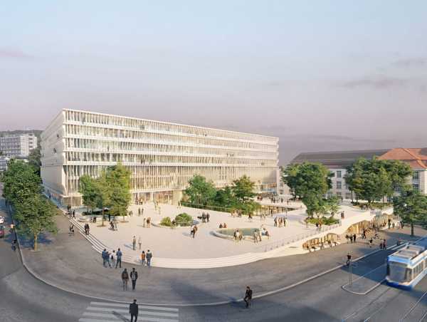 The UZH Forum by Herzog & de Meuron is set back, creating a central square. (Image: ? Herzog & de Meuron)