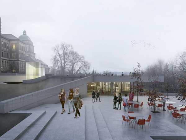 A view of the new Polyterrasse and the prominently visible caf floor below. (Visualisation: MM Krucker Ghisleni)