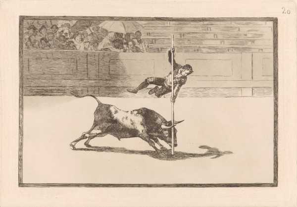 This image shows a digital version of Francisco de Goya's Wendigkeit und Waghalsigkeit des Juanito Api?ani in der Arena von Madrid from 1816.