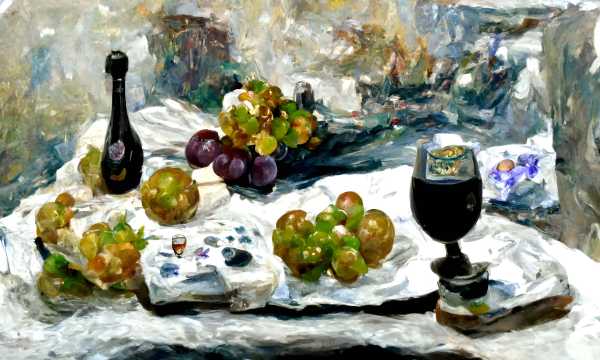 A painting with fruit and wine drawn like monet did.