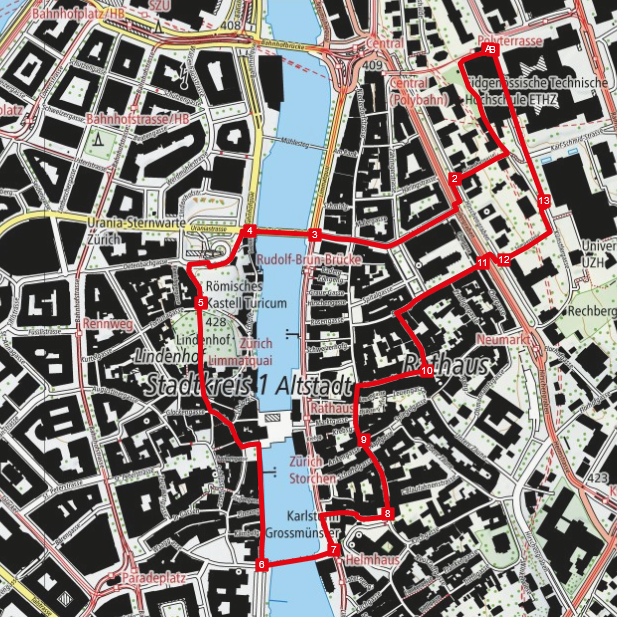 Vergr?sserte Ansicht: Stadtplan von Zürich, darauf eingezeichnet eine Spazierrunde der Limmat entlang.