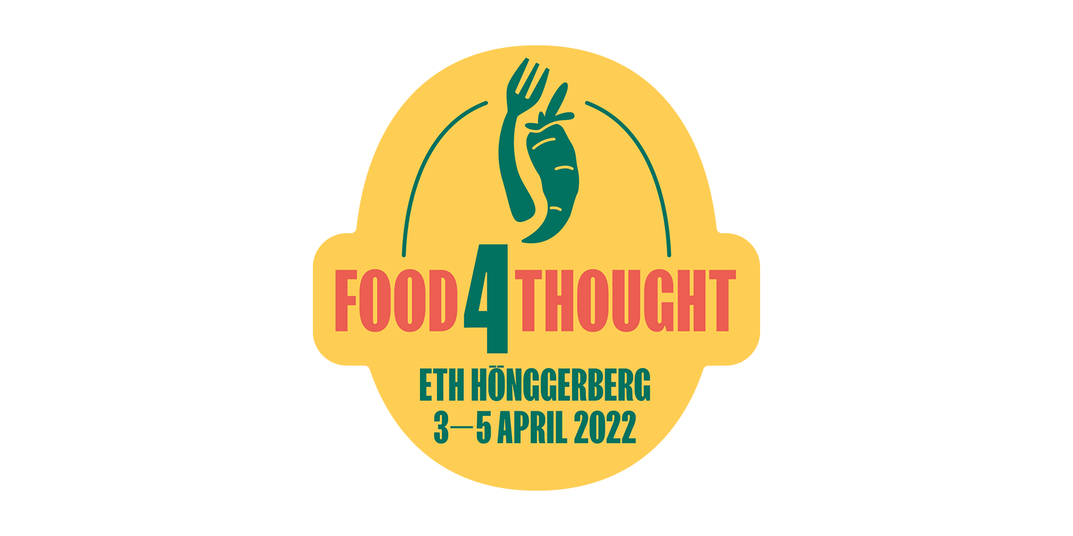 Food4Thought Logo: Eine grüne Gabel und ein Rüebli auf einem gelben Hintergrund