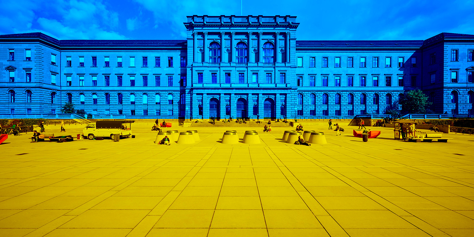 Solidarität mit der Ukraine: Ein Foto des ETH-Hauptgebäudes eingefärbt in den blau-gelben Farben der Ukraine. (Bild: ETH Zürich)