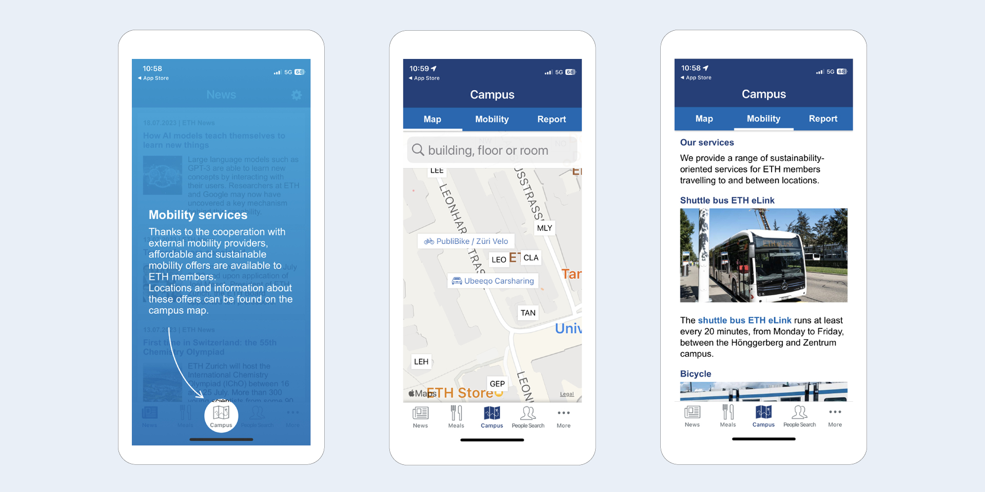 Screen-Ansichten der Mobilitätsangebote in der ETH App