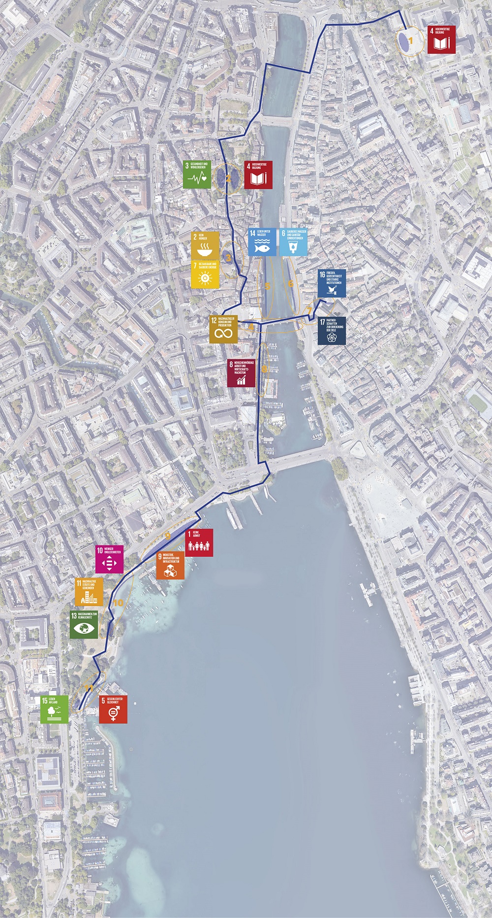 Routenplan der open your eyes Fotoausstellung von der ETH Polyterrasse über die Altstadt bis zum Seehafen Enge