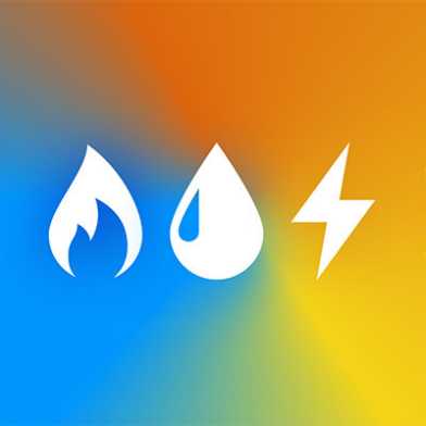 Farbverlauf aus Orange, Gelb und Blau mit weissen Zeichen von Feuer, Wasser und Blitz