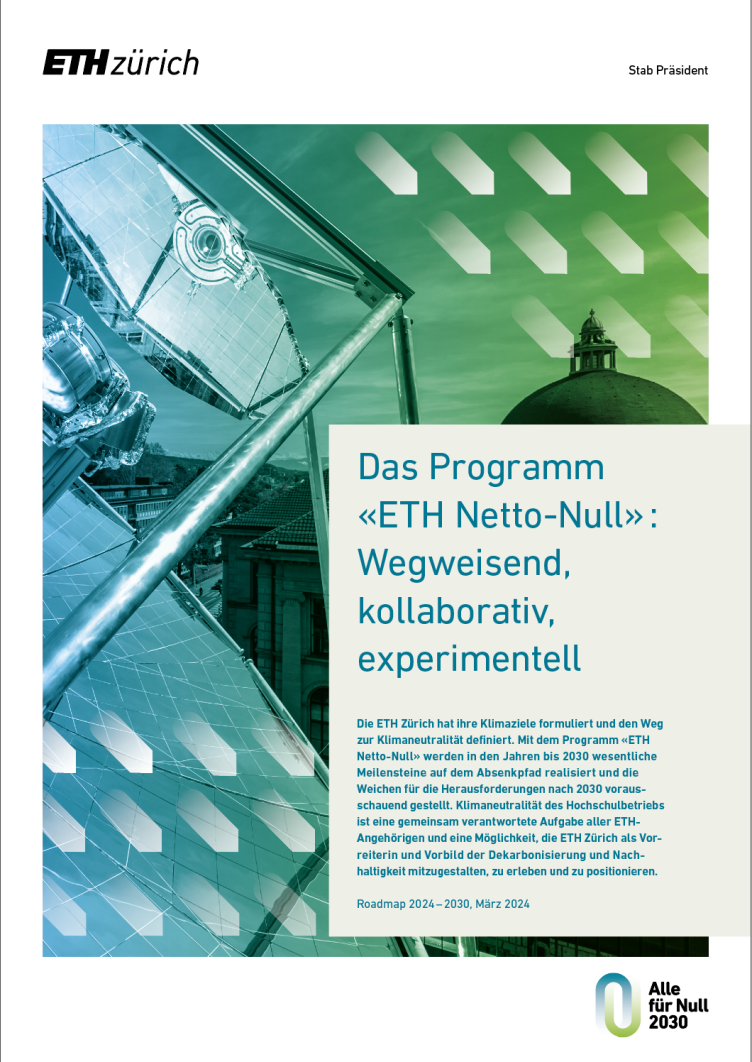 Titelseite des 4-pagers "ETH Netto-Null"; Link zur Broschüre im PDF-Format