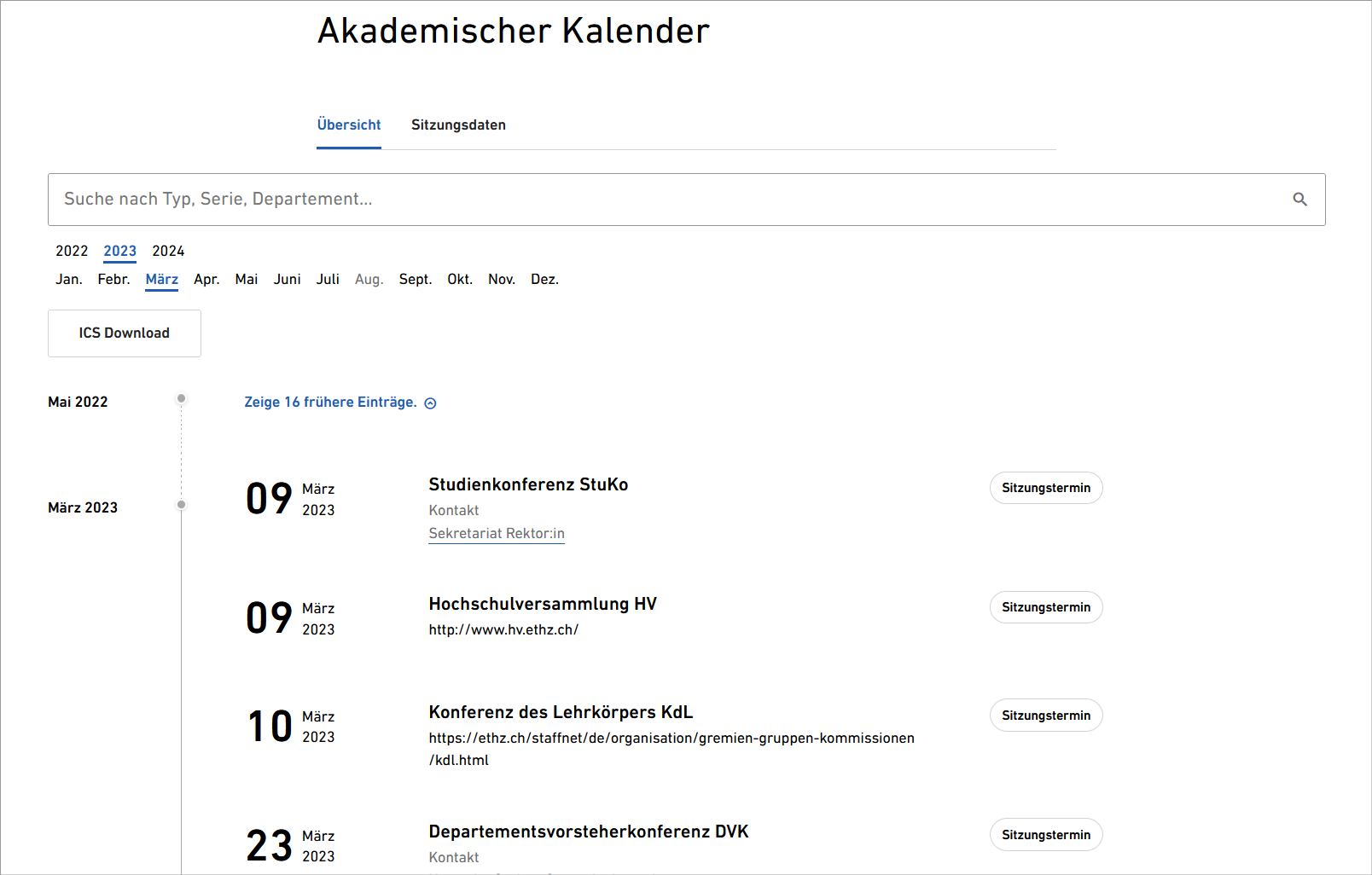 Screenshot Vorschau neuer Akademischer Kalender