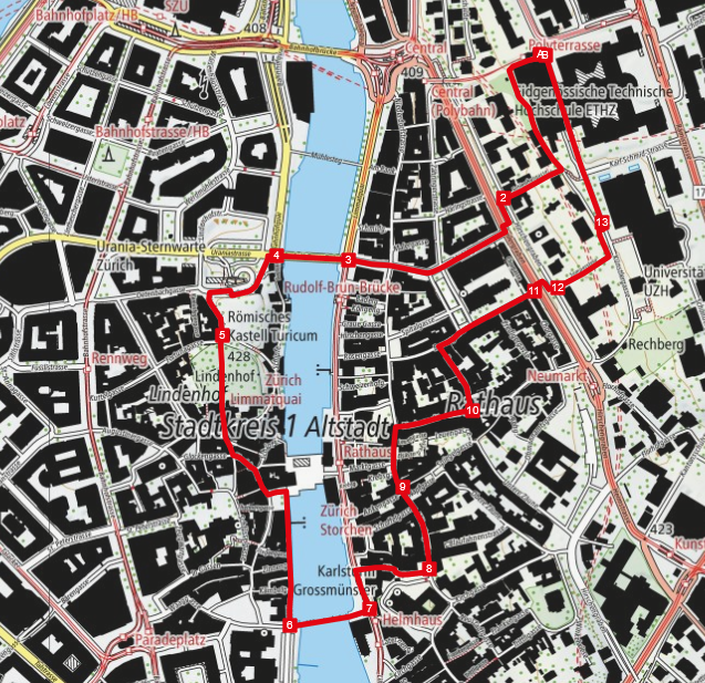 Enlarged view: City map of Zurich, showing a walk along the Limmat.