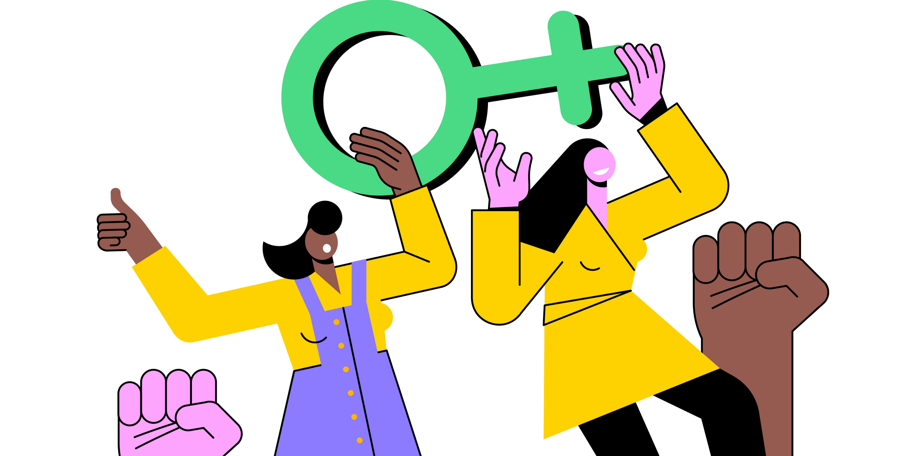 Illustration of two women euphorically holding the Venus symbol in their hands.